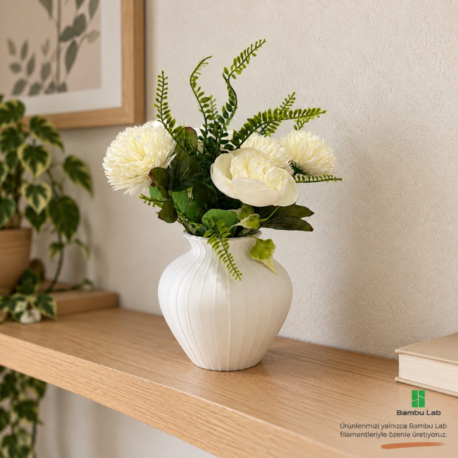 Beyaz Burgulu Dekoratif Vazo | Jade White 3D Baskı görsel 3