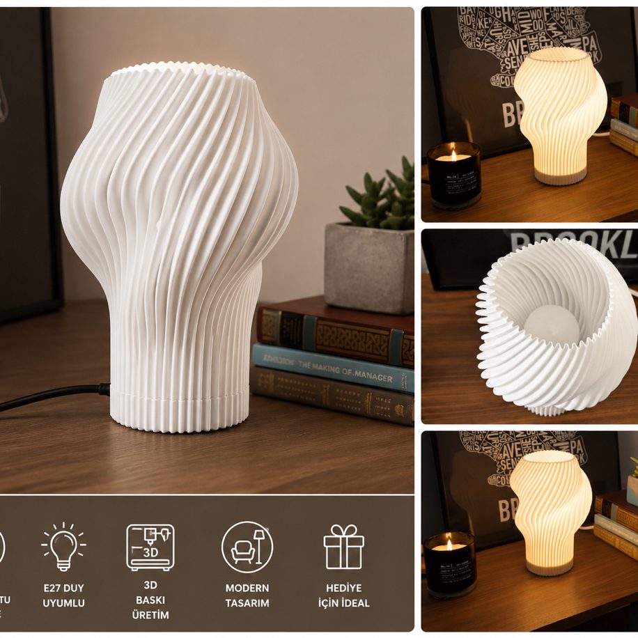 Modern Spiral 3D Baskı Abajur | E27 Duy Uyumlu Dekoratif Masa Lambası