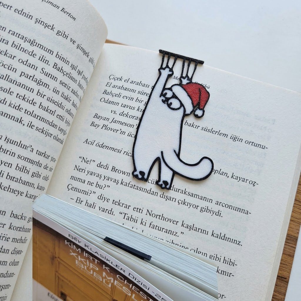 Kedi Kitap Ayracı | Noel Şapkalı Beyaz Kedi 3D Baskı