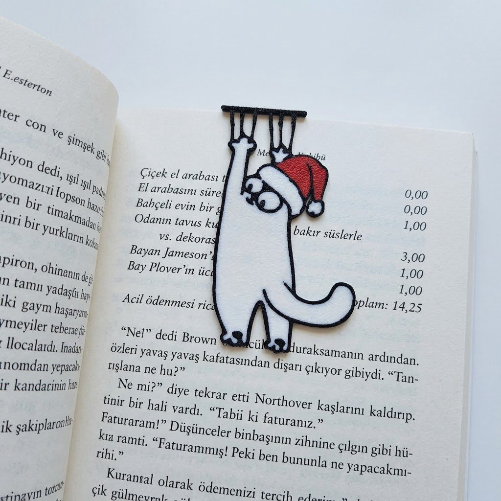Kedi Kitap Ayracı | Noel Şapkalı Beyaz Kedi 3D Baskı görsel 2